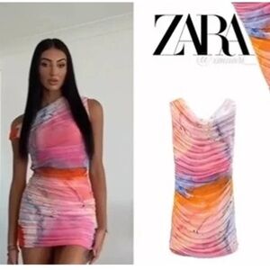 Zara Watercolor Print Tulle Ruched Mini Dress Size Small